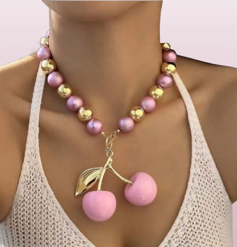 Sweet Charm Cherry Necklace – Pink & Gold Statement Piece